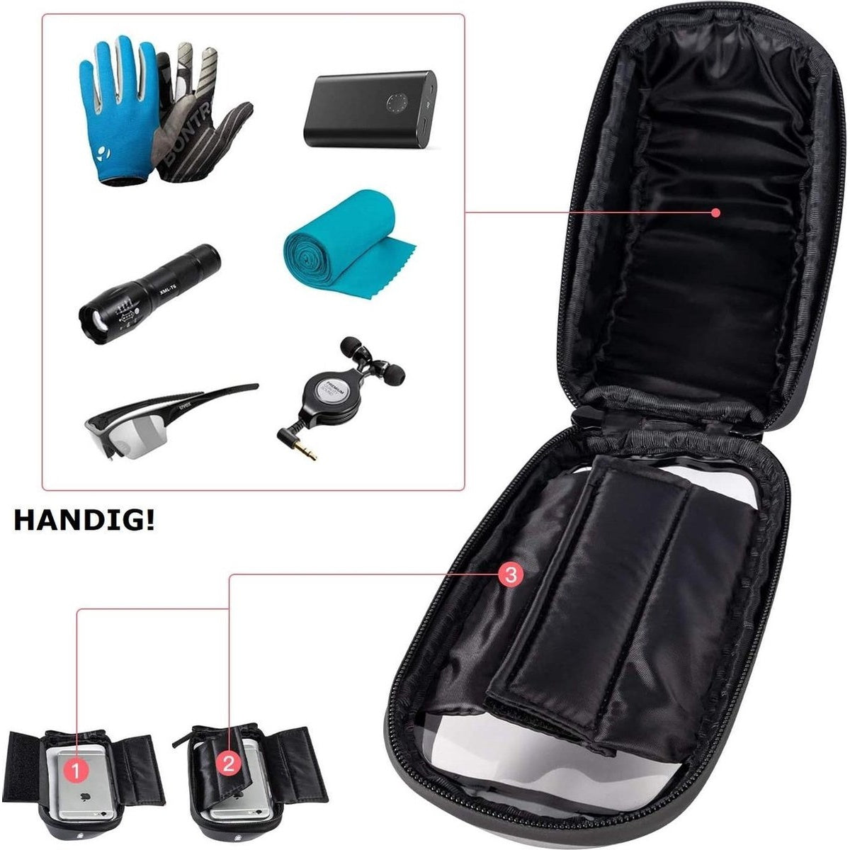 Afbeelding toont fietsaccessoires: handschoenen, powerbank, handdoek, zaklamp, bril, oortelefoon, telefoonhouder en een zwarte tas.