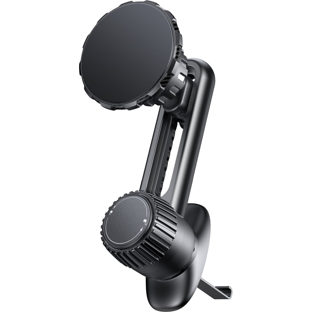 Een zwarte autotelefoonhouder met een ronde magnetische kop en verstelbare arm, geïsoleerd op een witte achtergrond.
