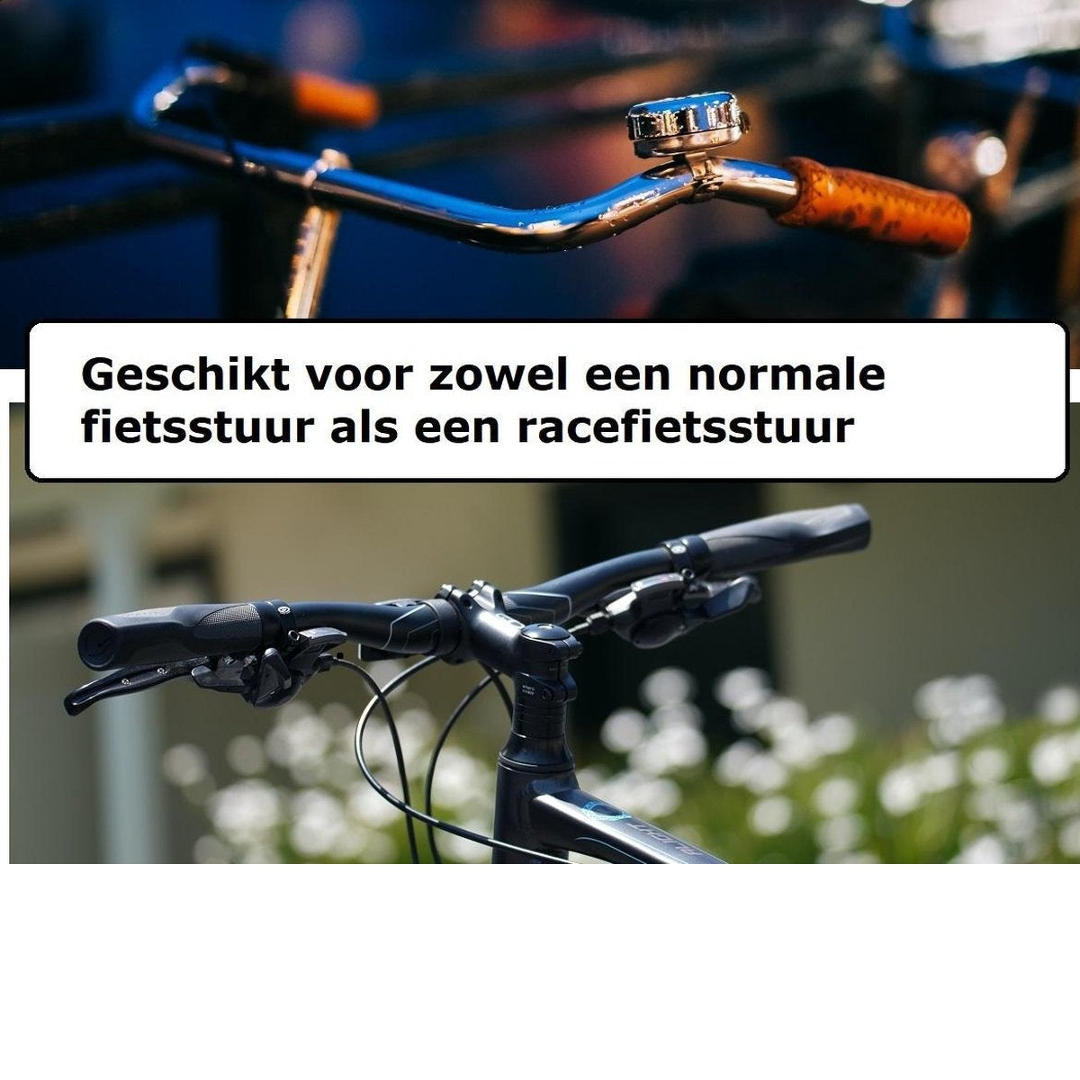 Close-up van fietsstuur. Boven: Chromen stuur met bruine grip. Onder: Zwart stuur met bediening, voor groene struiken.