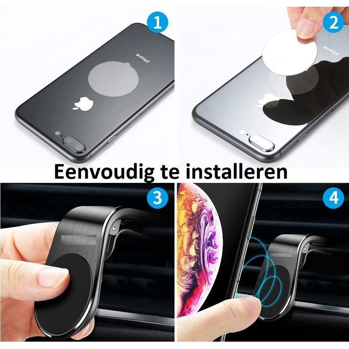 Vierstapsgids: iPhone met Apple-logo, ronde lijm, ventilatiesteun en telefoon bevestigd, installatie tonen.