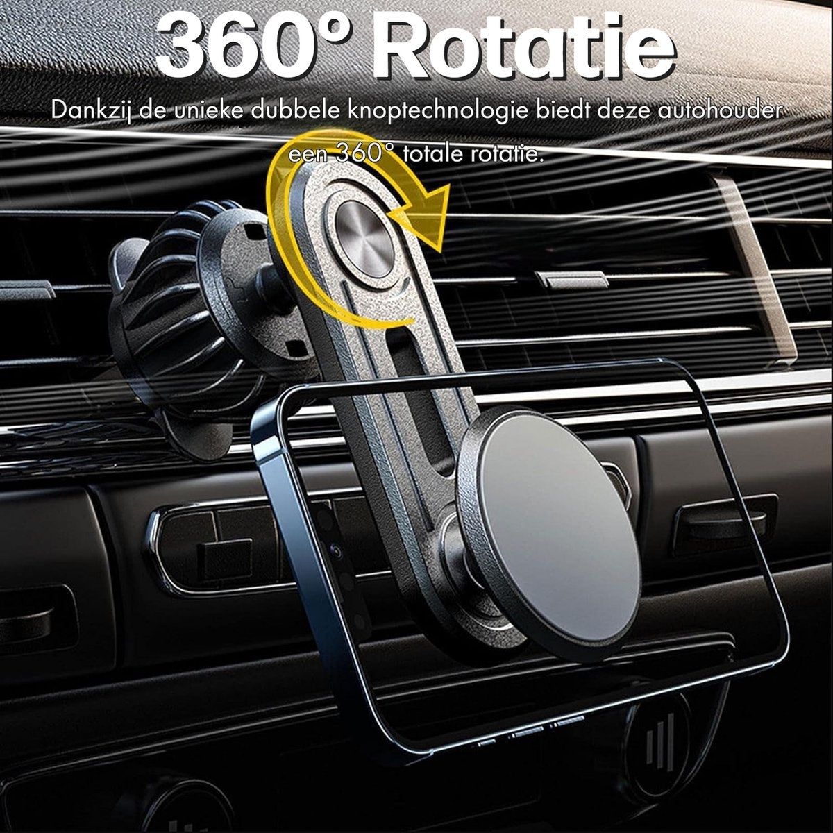 Een telefoonhouder voor in de auto met 360 graden rotatie. Het heeft een magnetische basis en een frame om een telefoon vast te houden. De achtergrond is een dashboard.