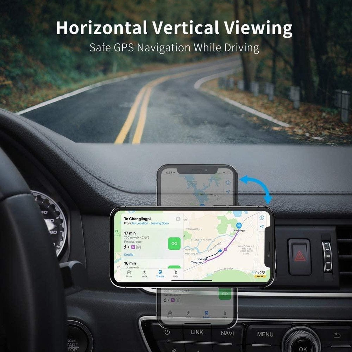 Een telefoon toont een kaart, gemonteerd op het dashboard van een auto. De weg is zichtbaar door de voorruit. Tekst: 'Horizontal Vertical Viewing'.
