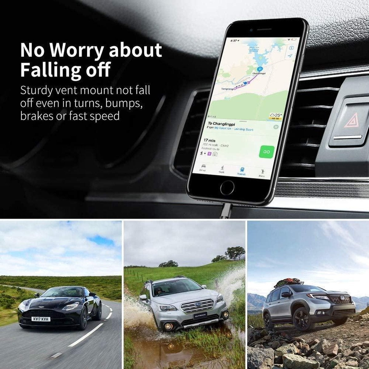 Een telefoon met een navigatiekaart is in een auto gemonteerd. Hieronder drie auto's: een zwarte sportwagen, een zilveren SUV in water en een grijze SUV.