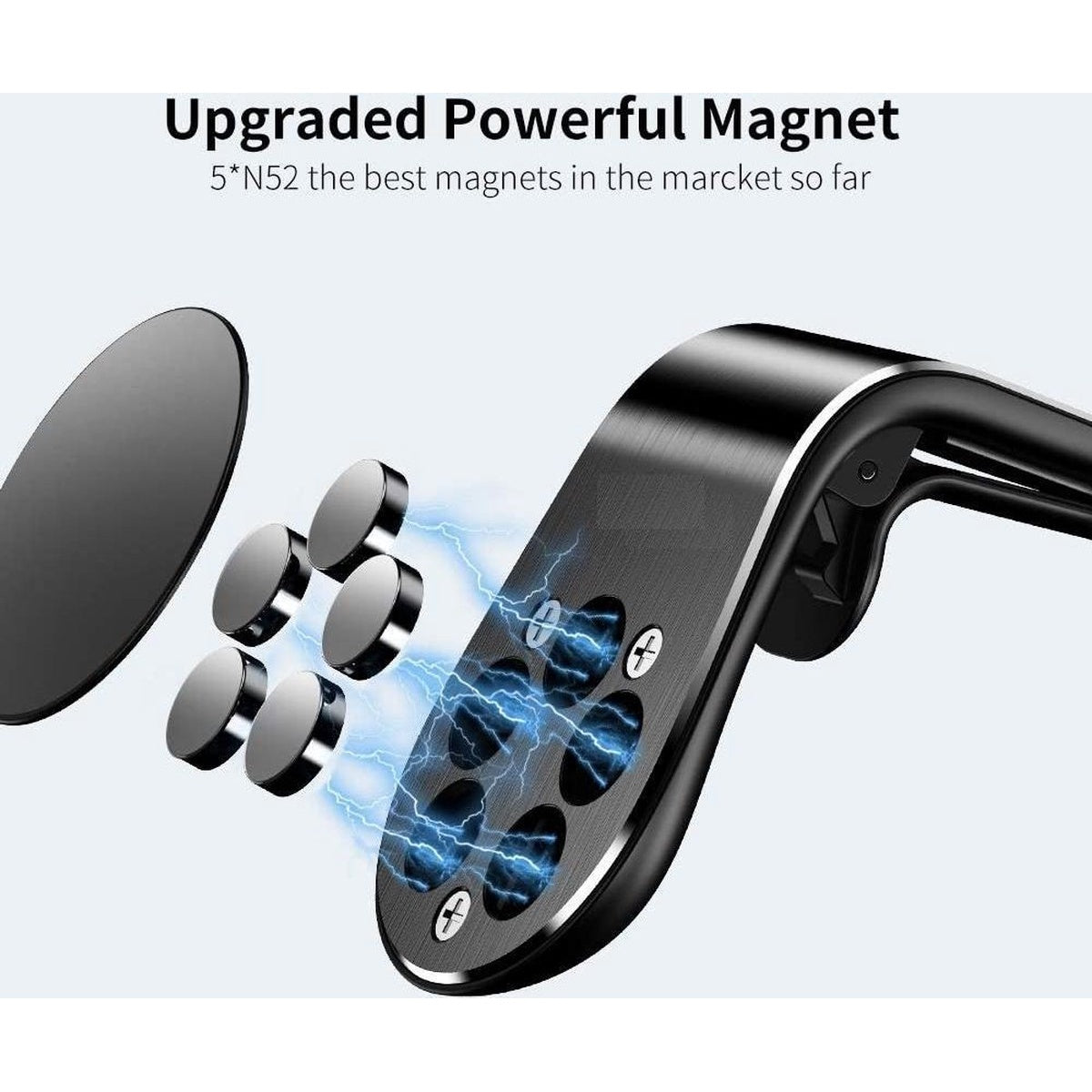 Afbeelding van een telefoonhouder voor in de auto met krachtige magneten, tekst bovenaan zegt 'Upgraded Powerful Magnet'.