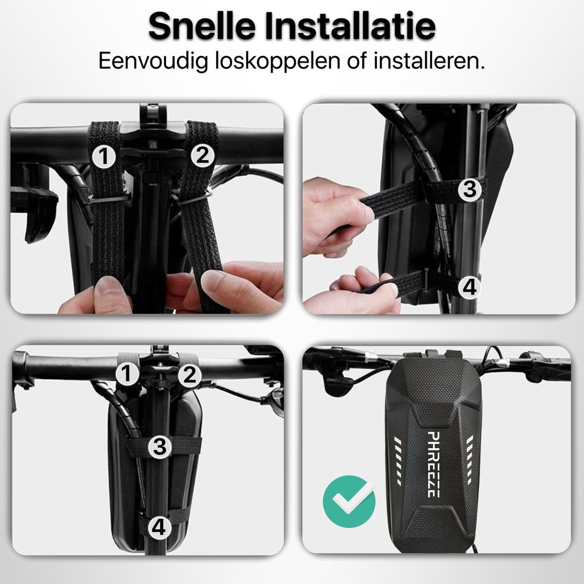 Installatiehandleiding met bevestiging fietstas. Handen bevestigen riemen aan fietsframe. Tekst zegt 'Snelle Installatie'.