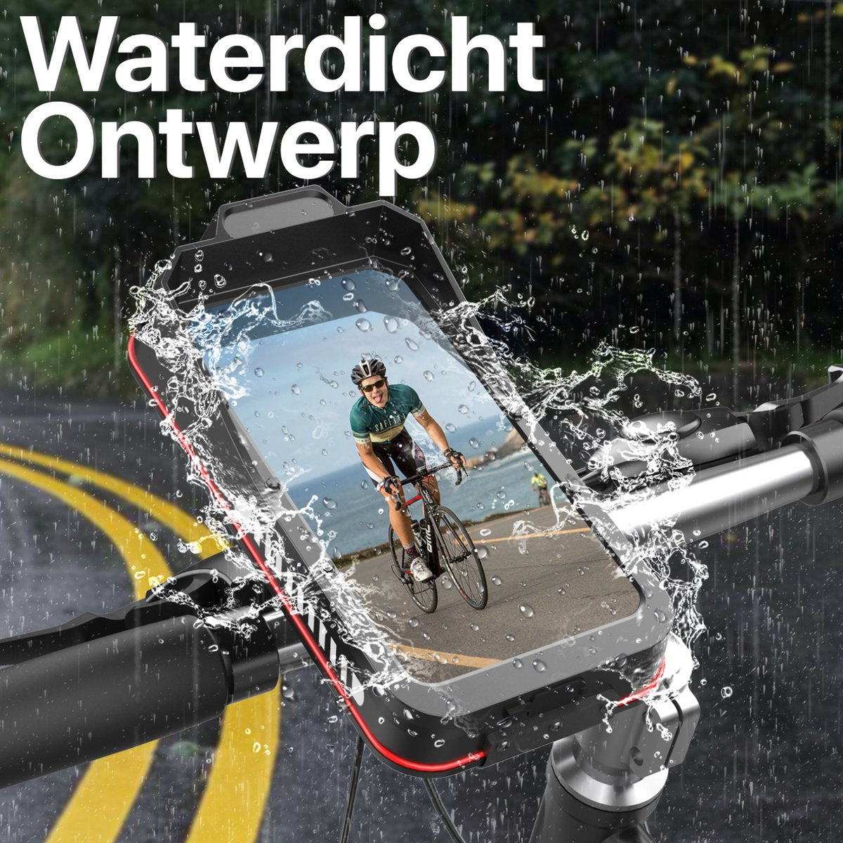 A phone case on a bike handle. The screen shows a cyclist. Water splashes around the phone, with the text 'Waterdicht Ontwerp'.