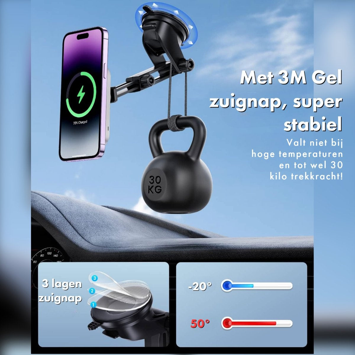 Een telefoon is bevestigd aan een autohouder, met een gewicht van 30 kg. De houder heeft een zuignap. Tekst toont temperatuurbestendigheid.