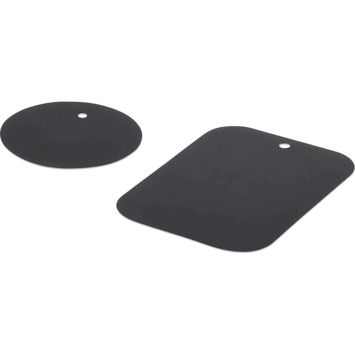 Twee zwarte, magnetische telefoonhouders. Eén is rond, de andere rechthoekig, beide met een gat. Witte achtergrond.