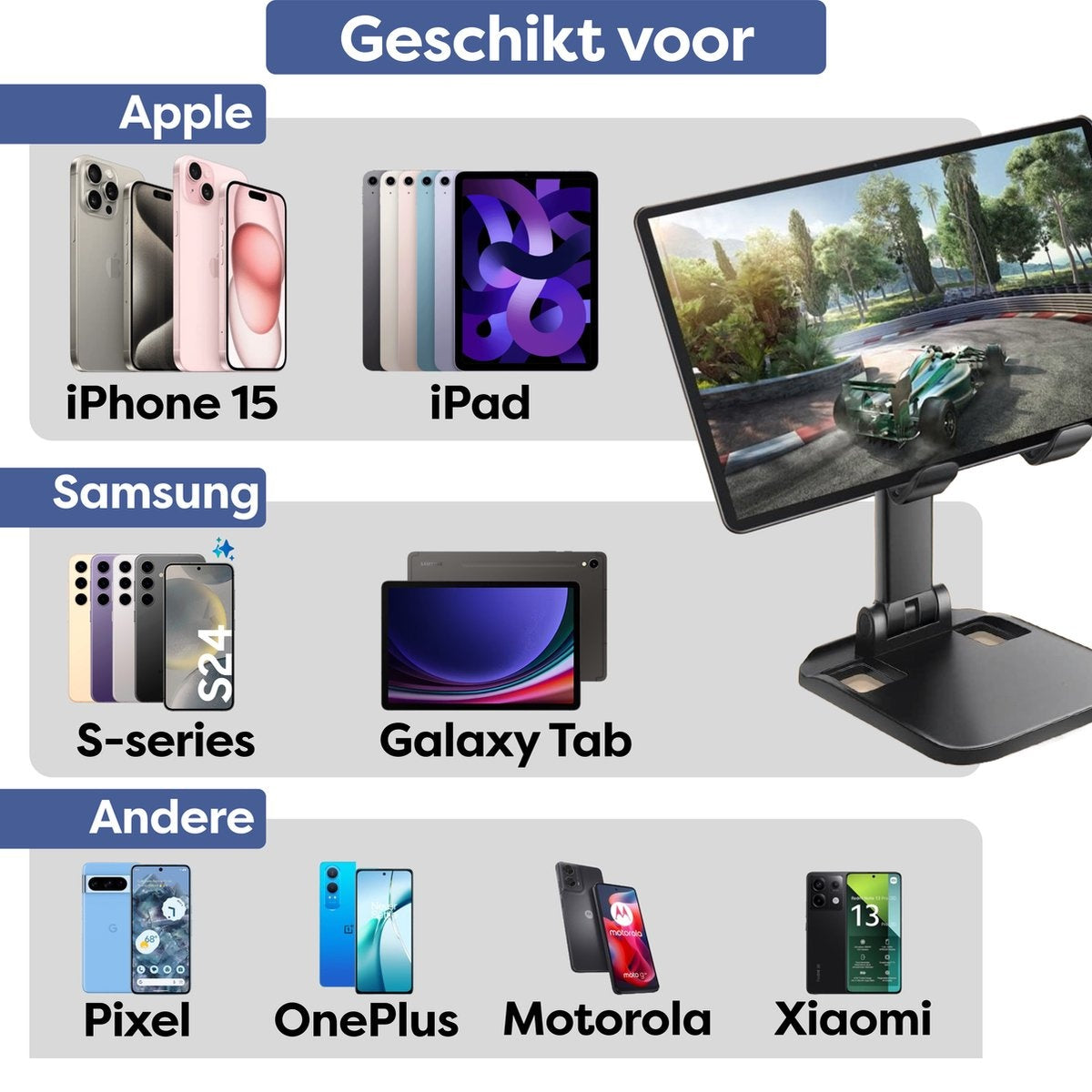 Afbeelding toont telefoons en tablets van Apple, Samsung en anderen. Een tablet toont een raceauto op een circuit en compatibele apparaten.