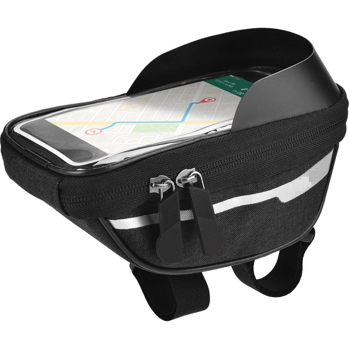 Zwarte fietstelefoontas met telefoon met kaart. Het heeft een reflecterende streep en een vizier. Ritsen en riemen zijn zichtbaar.
