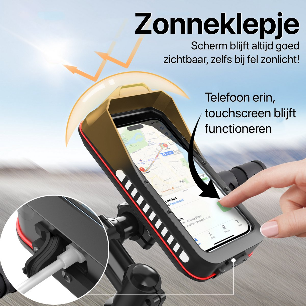 Phone in a holder on a bike. A hand touches the screen. Texts say: touchscreen, London, and other navigation details.