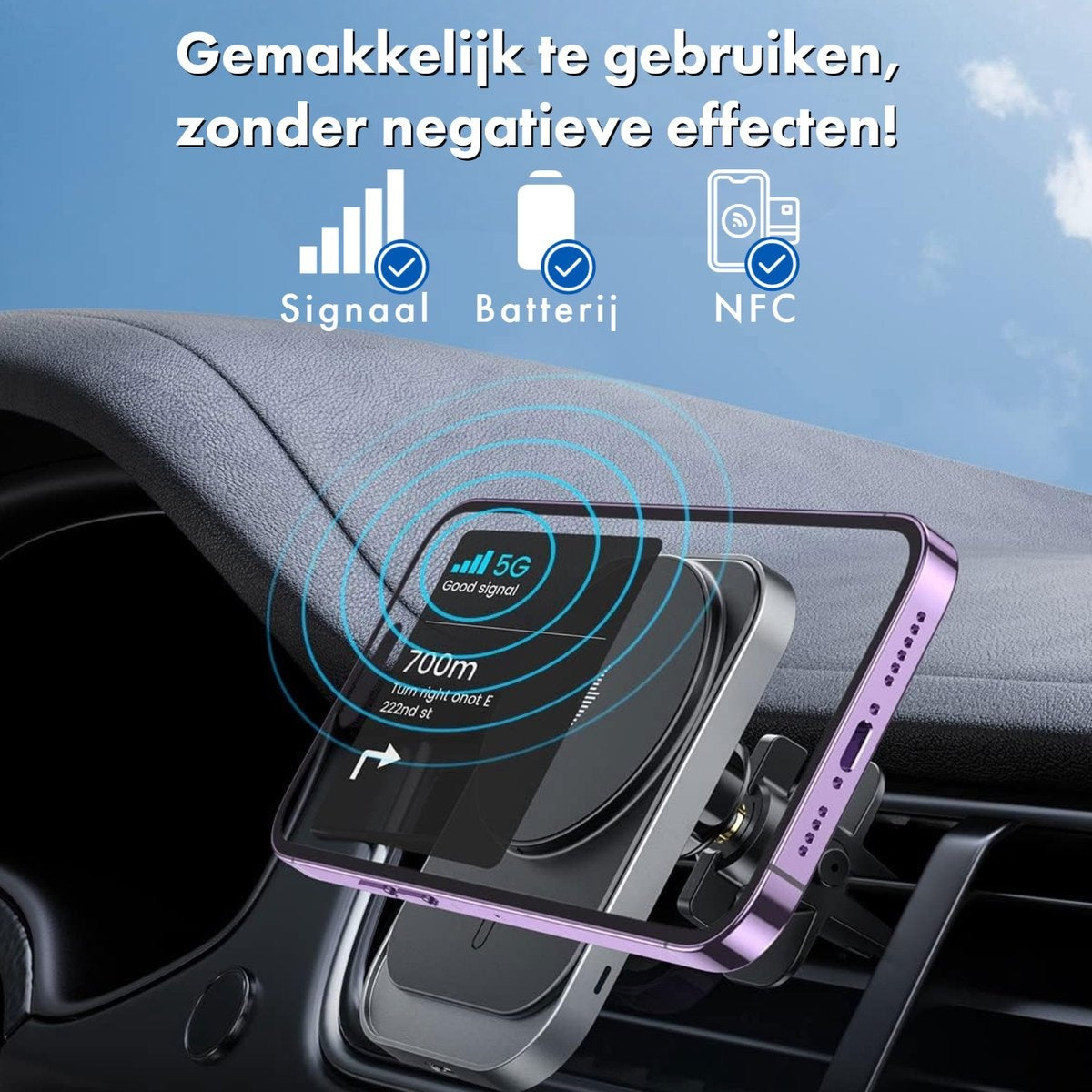 Telefoon in de auto gemonteerd. Scherm toont navigatie en signaaldetails. Tekst: 'Makkelijk te gebruiken, zonder negatieve effecten!'