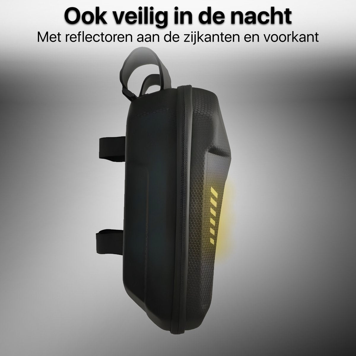Zwarte fietstas met handvat en reflecterende gele lichten. Tekst: 'Veilig 's nachts met reflectoren aan zijkanten en voorkant'.
