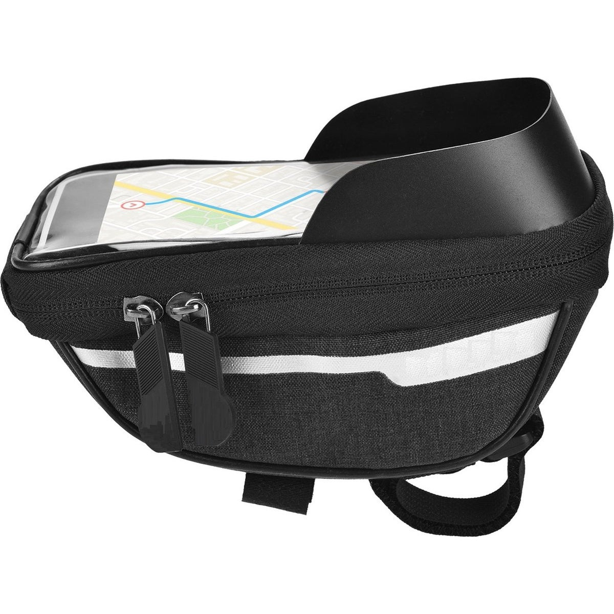Zwarte fietstas met telefoonhouder. Witte reflecterende streep. Kaart zichtbaar op het scherm. Twee ritsen en een zwart vizier.