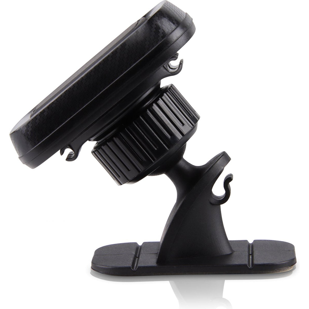 Zwarte telefoonhouder voor in de auto op witte achtergrond. Het heeft een voet, een nek en een houder voor de telefoon.