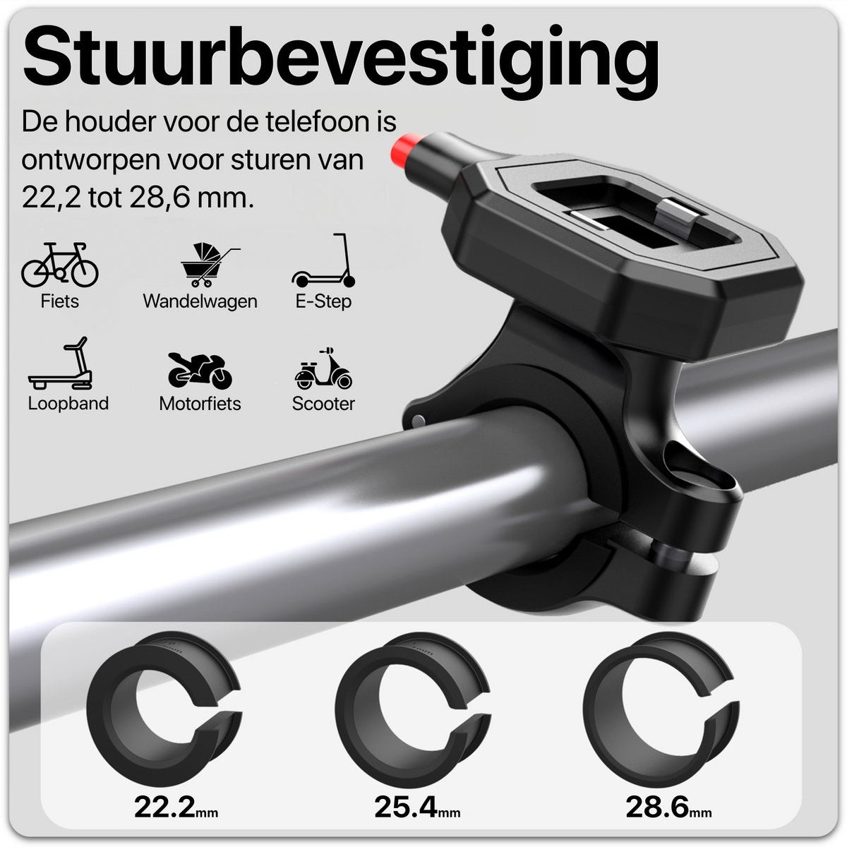 A black phone holder mounted on a silver bar. Text indicates compatibility with various vehicles and sizes.