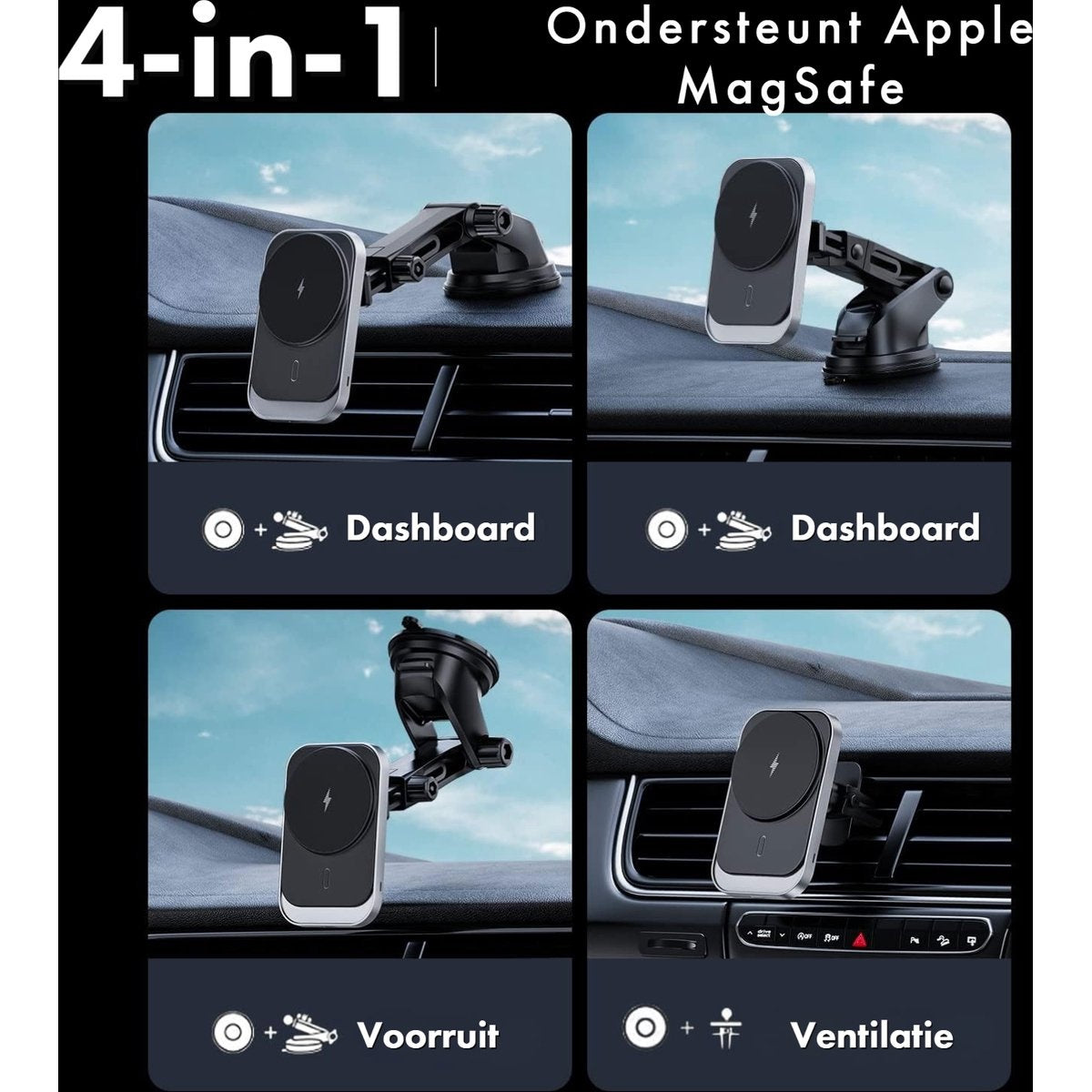 Een 4-in-1 MagSafe telefoonhouder wordt getoond in vier verschillende montageposities in de auto: dashboard, voorruit en ventilatie.
