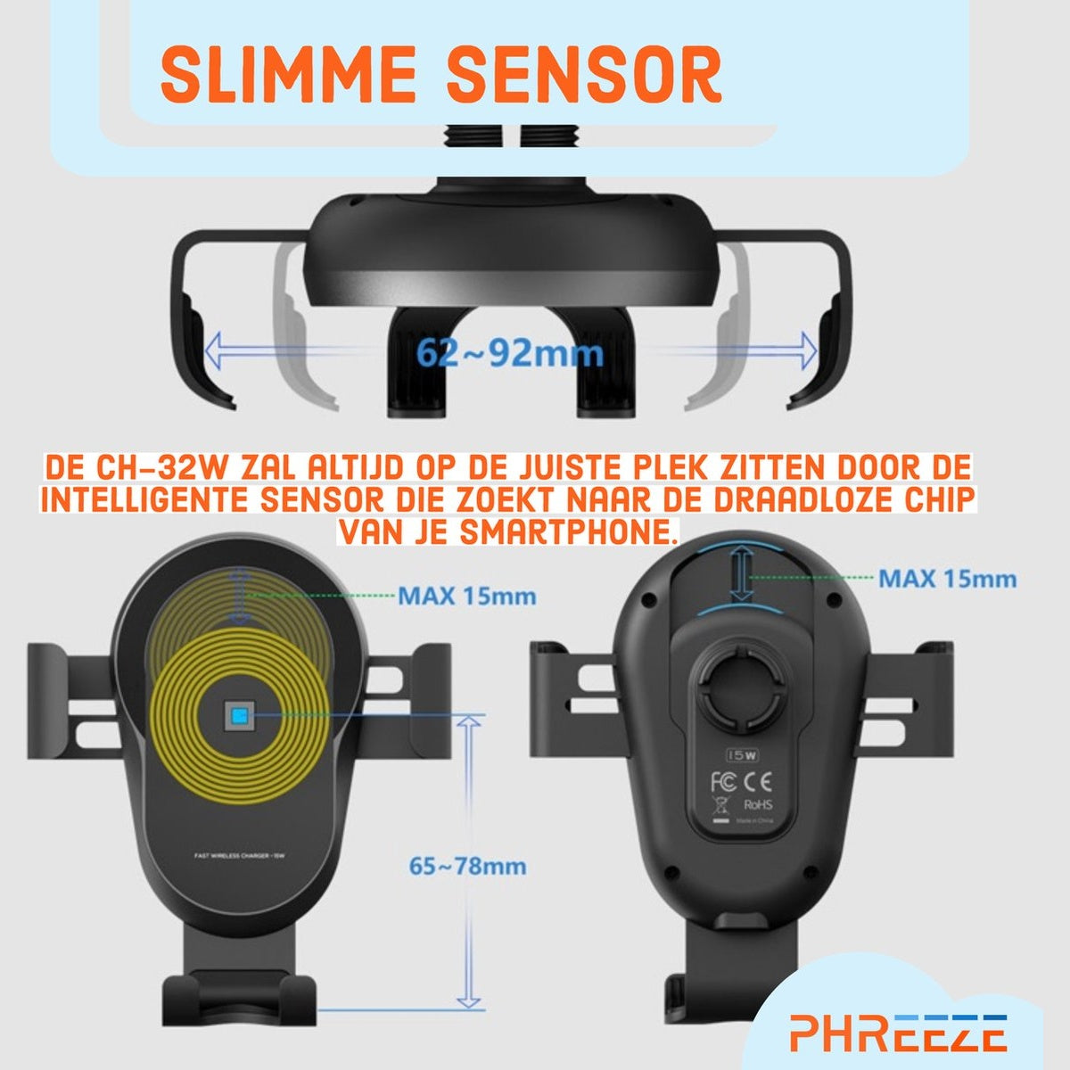 Diagram of a black phone holder with measurements. Text includes 'SLIMME SENSOR' and technical specifications about the product.