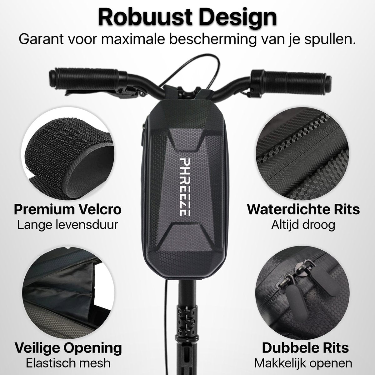 Zwarte scootertas met tekstlabels: premium klittenband, waterdichte rits, veilige opening en dubbele rits. De tas is gelabeld met "PHREEZE".