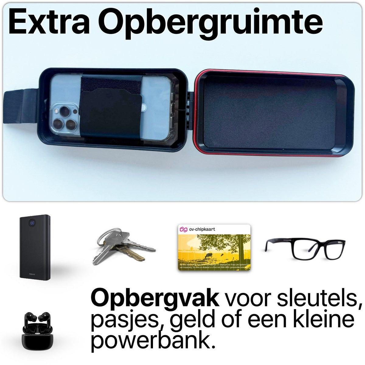 Image shows an organizer with a phone, keys, a card, glasses, and a power bank. Text says 'Extra Storage Space' and 'Storage for keys, cards, money'.
