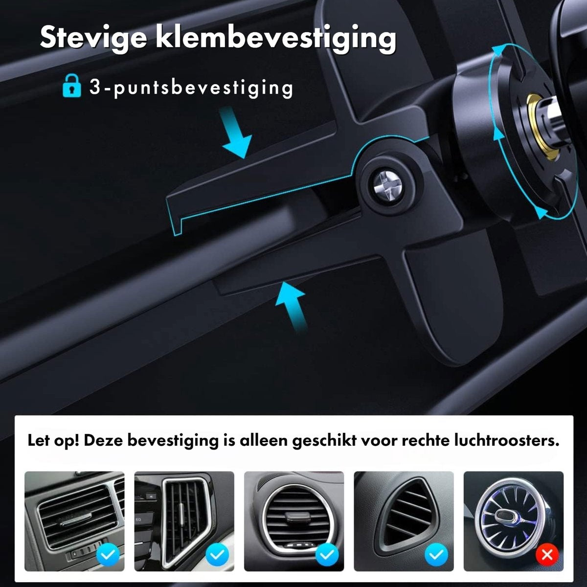 Afbeelding toont een ventilatormount met pijlen die 3-punts bevestiging aangeven. Hieronder voorbeelden van compatibele ventilatieopeningen met een vinkje.