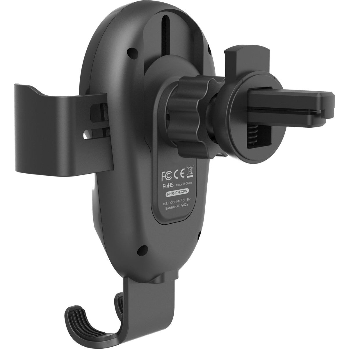 A black car phone holder with a clamp and vent clip. It has a round head, a hook, and the FCC and RoHS logos are visible.