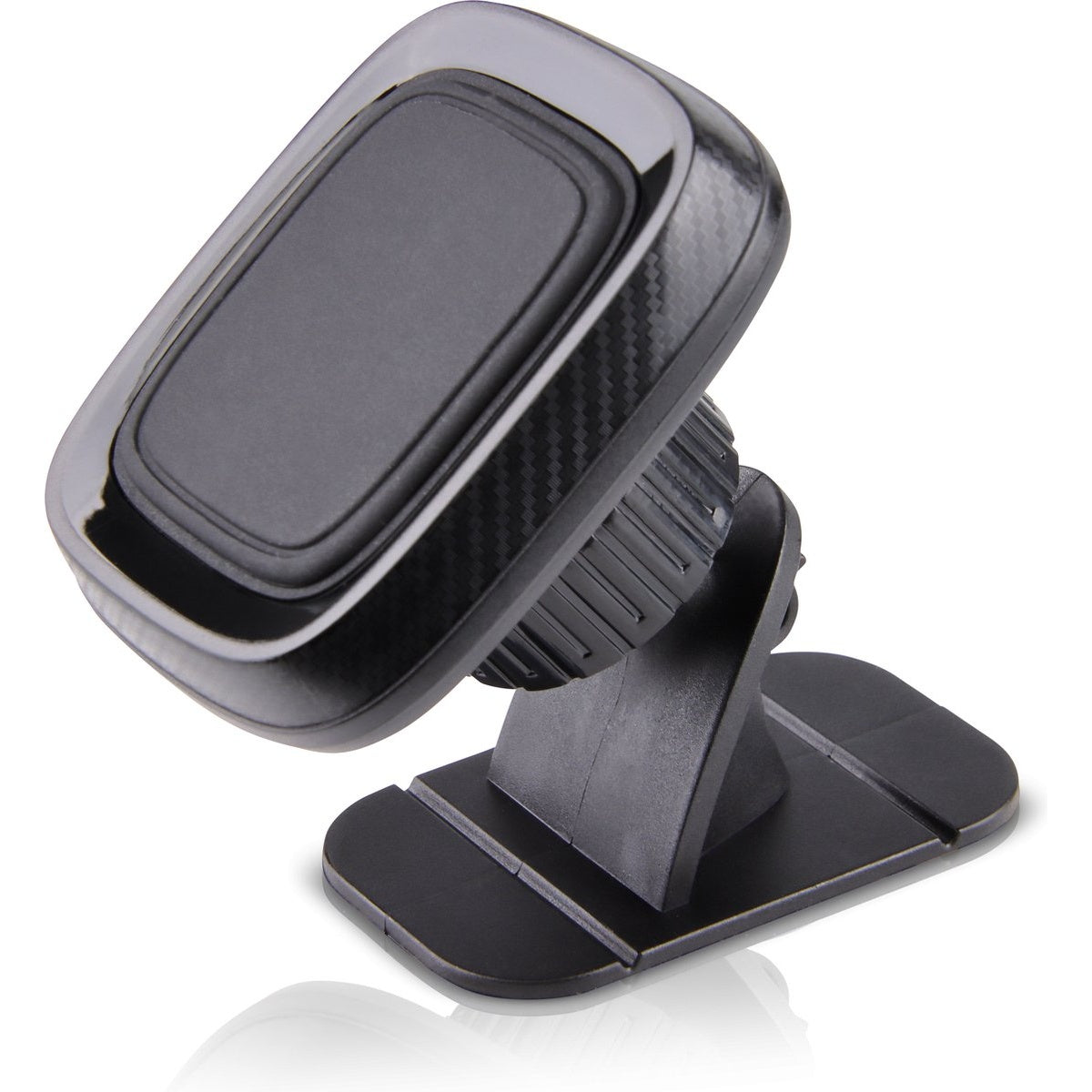 Een zwarte magnetische telefoonhouder voor in de auto. Het heeft een vierkante voet, een schuine arm en een rechthoekige kop.