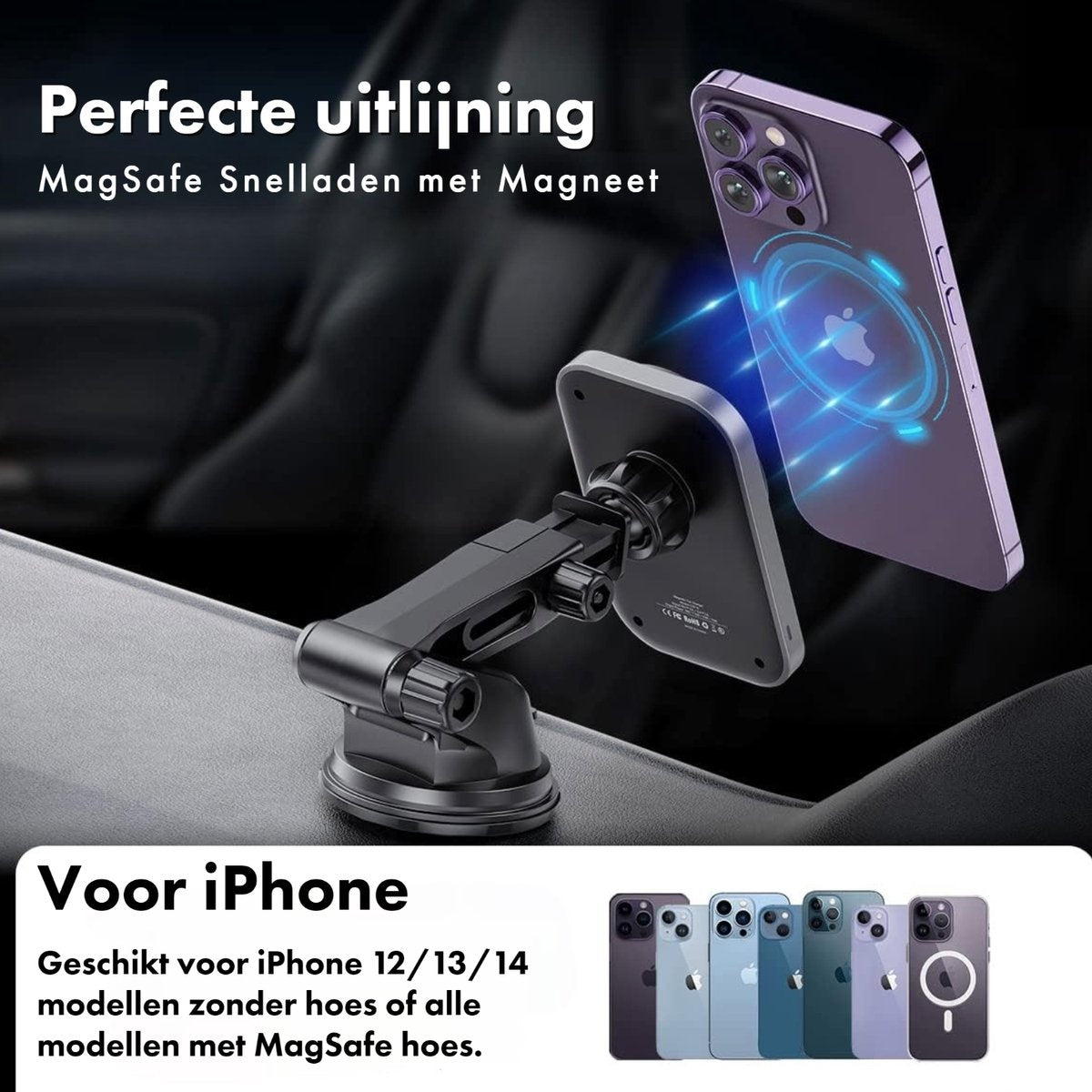 Een telefoonhouder met een aangesloten telefoon, draadloos opladen. Tekst vermeldt iPhone-modellen en MagSafe.