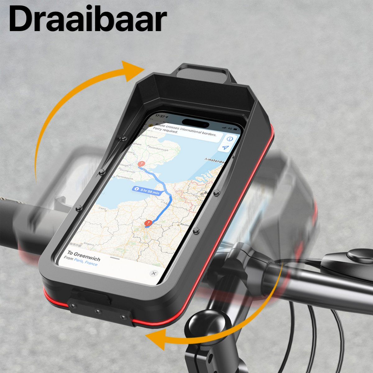 A phone displaying a map is mounted on a scooter's handlebars. Arrows indicate movement. The phone shows directions.