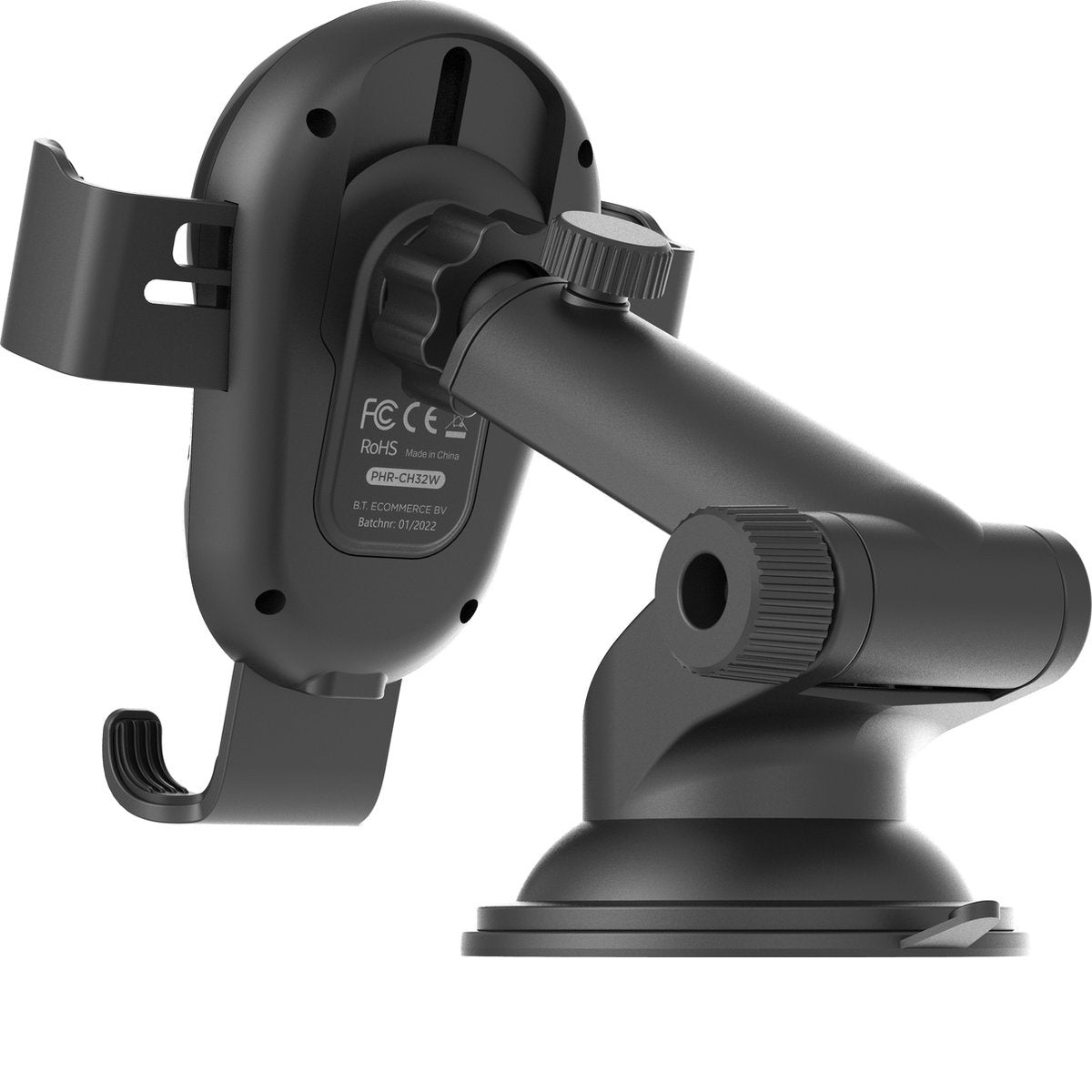 A black car phone holder. It has a suction cup, adjustable arm, and a phone grip. The background is white.