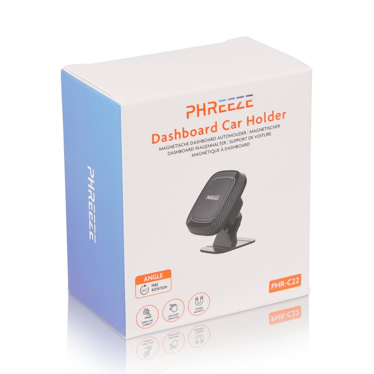 Een witte doos met een blauwe zijkant toont een telefoonhouder voor in de auto. De houder is zwart en heeft de merknaam PHREEZE.
