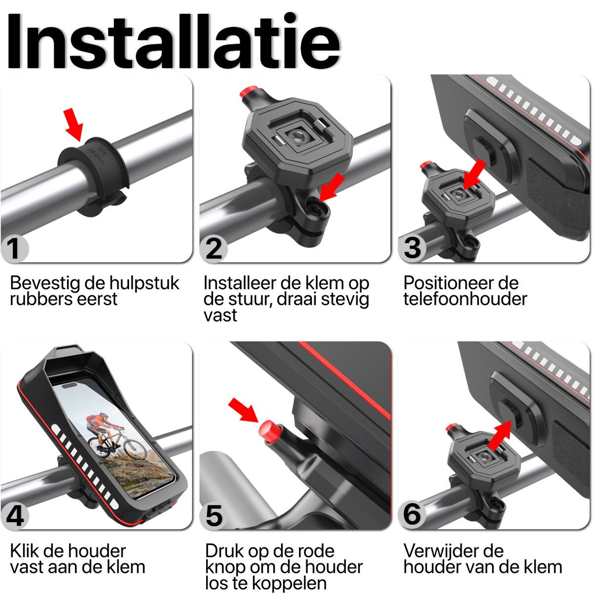 Installation guide for a phone holder on a bicycle handlebar. Steps include attaching rubber, installing clamp, positioning holder, and removing it.