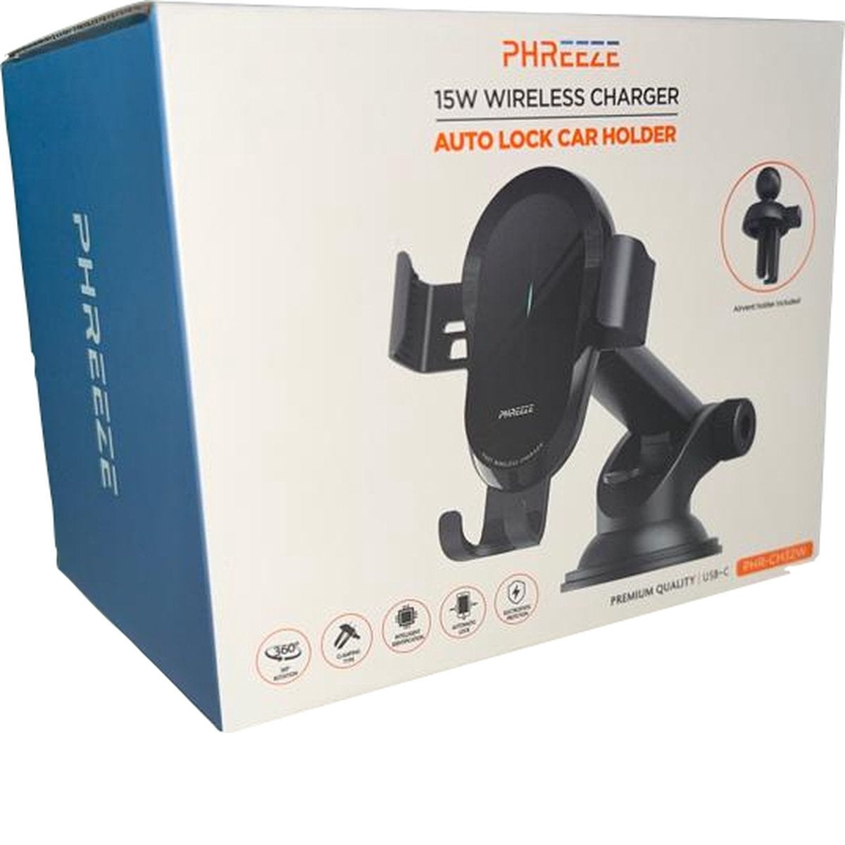 Boxed car phone holder. Black holder, white box with the brand name and product features. Blue side of the box with brand name.