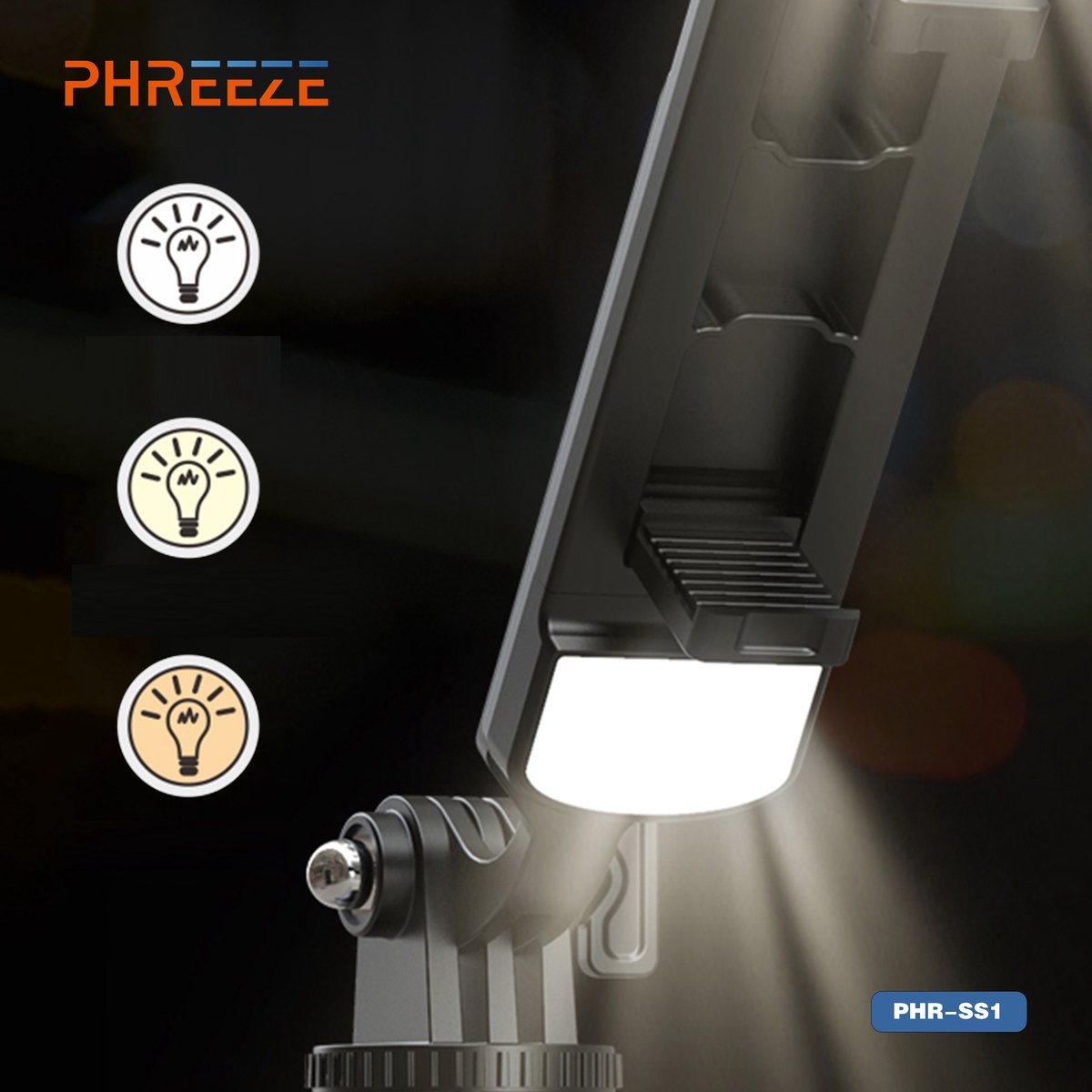 A black outdoor lamp, angled. It has a bright white light. Logos and icons are also visible on the left. The product code is in the bottom right.