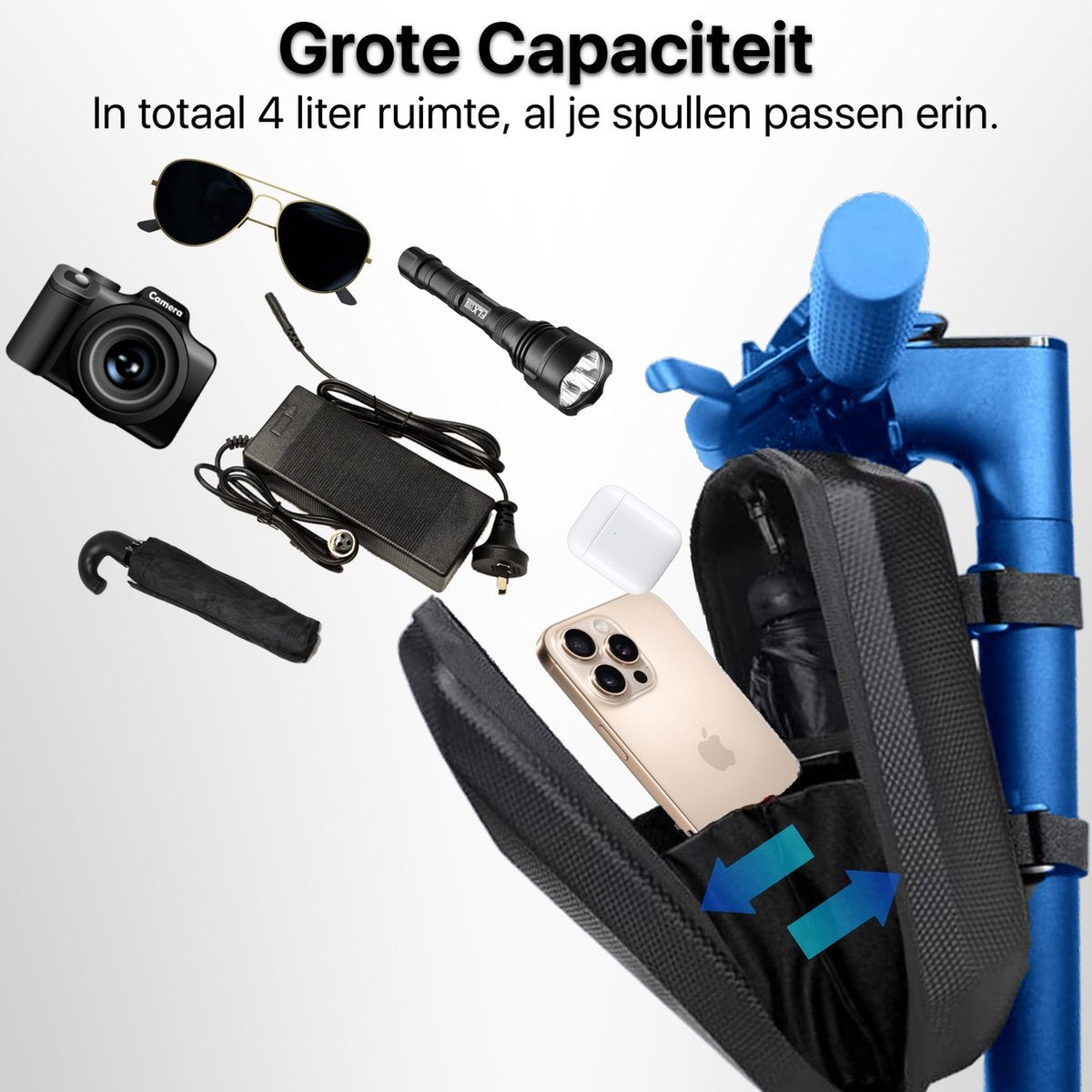 Een open tas met een telefoon, paraplu en andere items. Zonnebril, camera en zaklamp worden ook getoond.