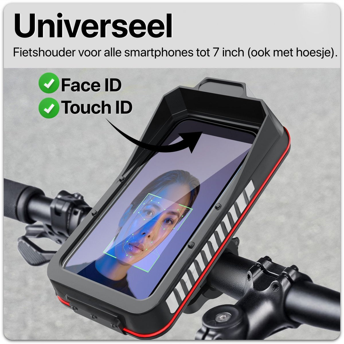 Phone holder on bike handlebars. Face ID and Touch ID icons. Phone displays a woman's face with blue face recognition box.