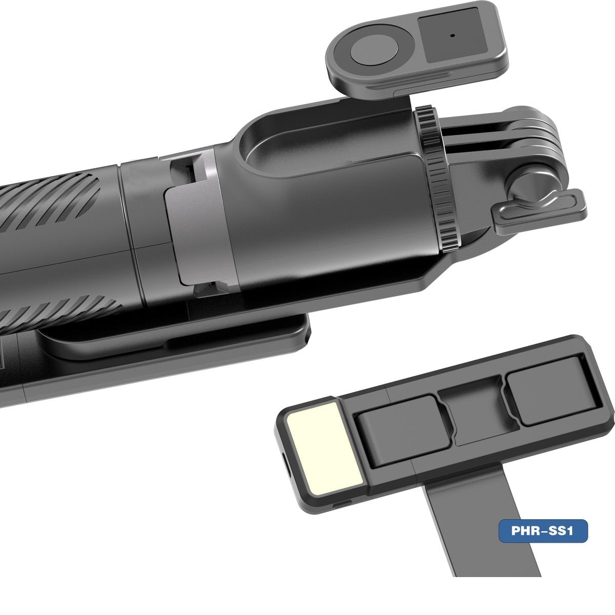 A black selfie stick and accessories are on a white background. The stick is partially disassembled. The label reads: PHR-SS1.