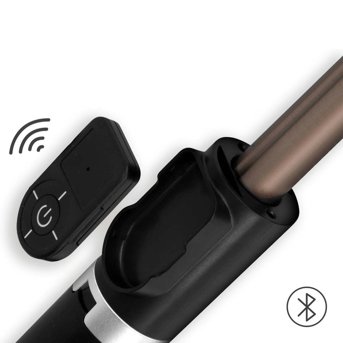 Black remote control with power button and wireless symbol. A black and silver device holds a brown pole. Bluetooth symbol is present.