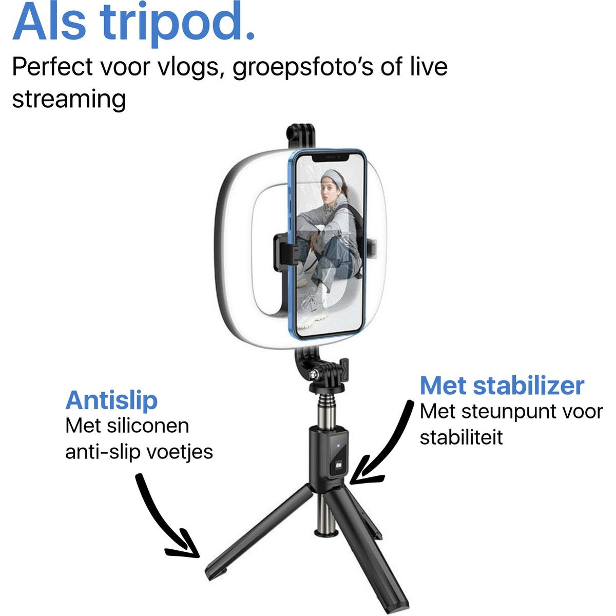 A phone in a ring light on a tripod. Text indicates it's good for vlogs. Features include anti-slip feet and a stabilizer.