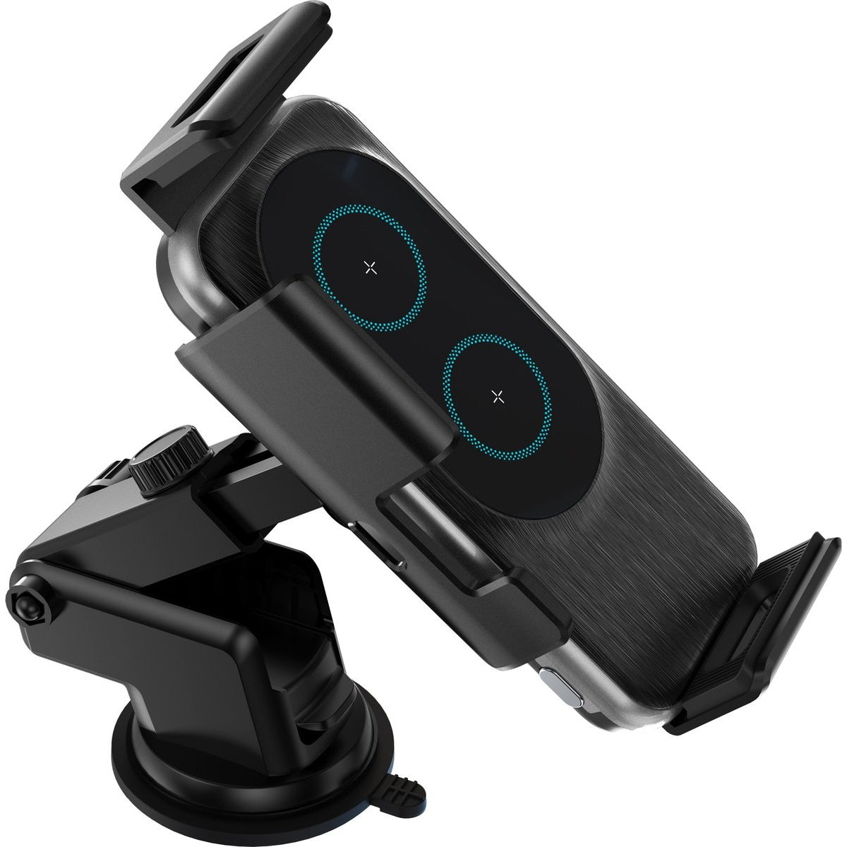 Zwarte telefoonhouder voor in de auto. Het heeft een zuignap en een houder voor de telefoon. De houder heeft twee oplaadcirkels.