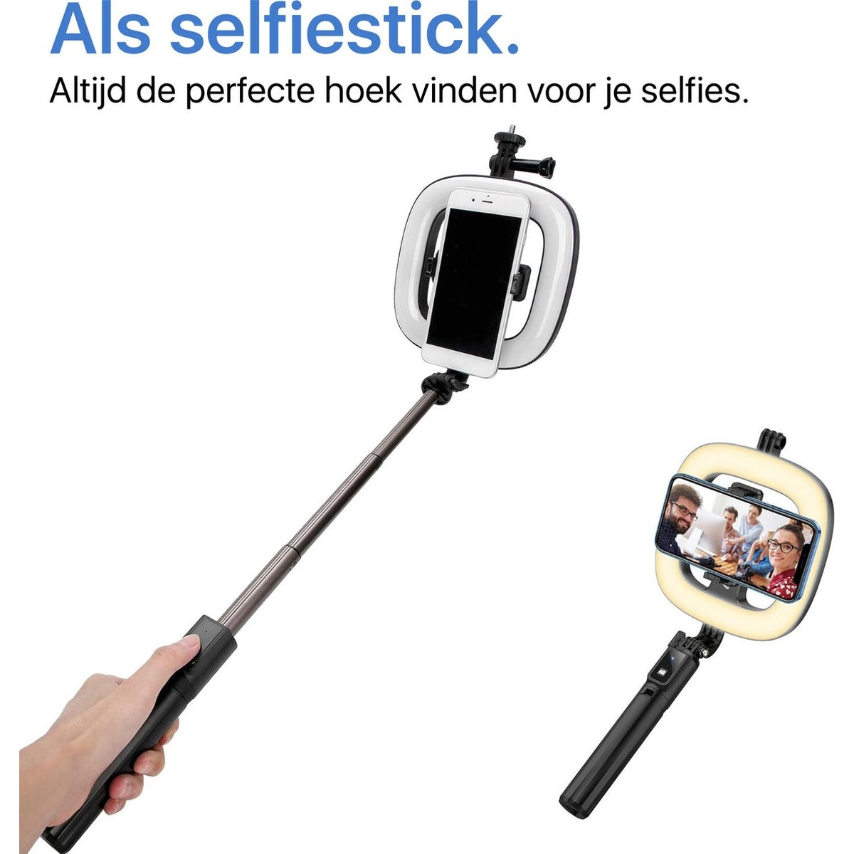 A selfie stick with a phone and a light ring is held by a hand. Another one shows a group of people on the phone's screen.