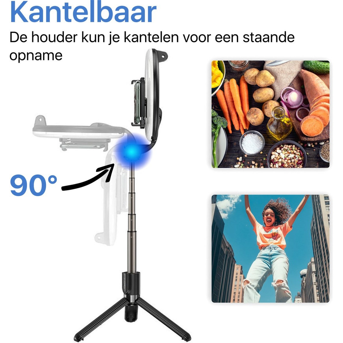 Image shows a phone holder and a tripod. Other images show food and a woman with arms raised.