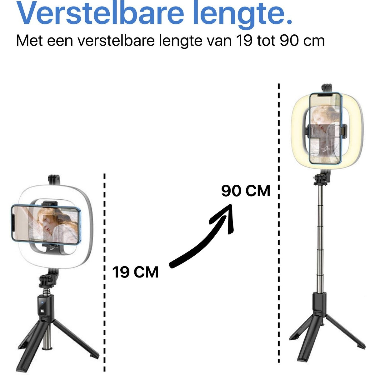 Two ring lights with phones are shown. The left one is 19 cm and the right one 90 cm, showing adjustable length.