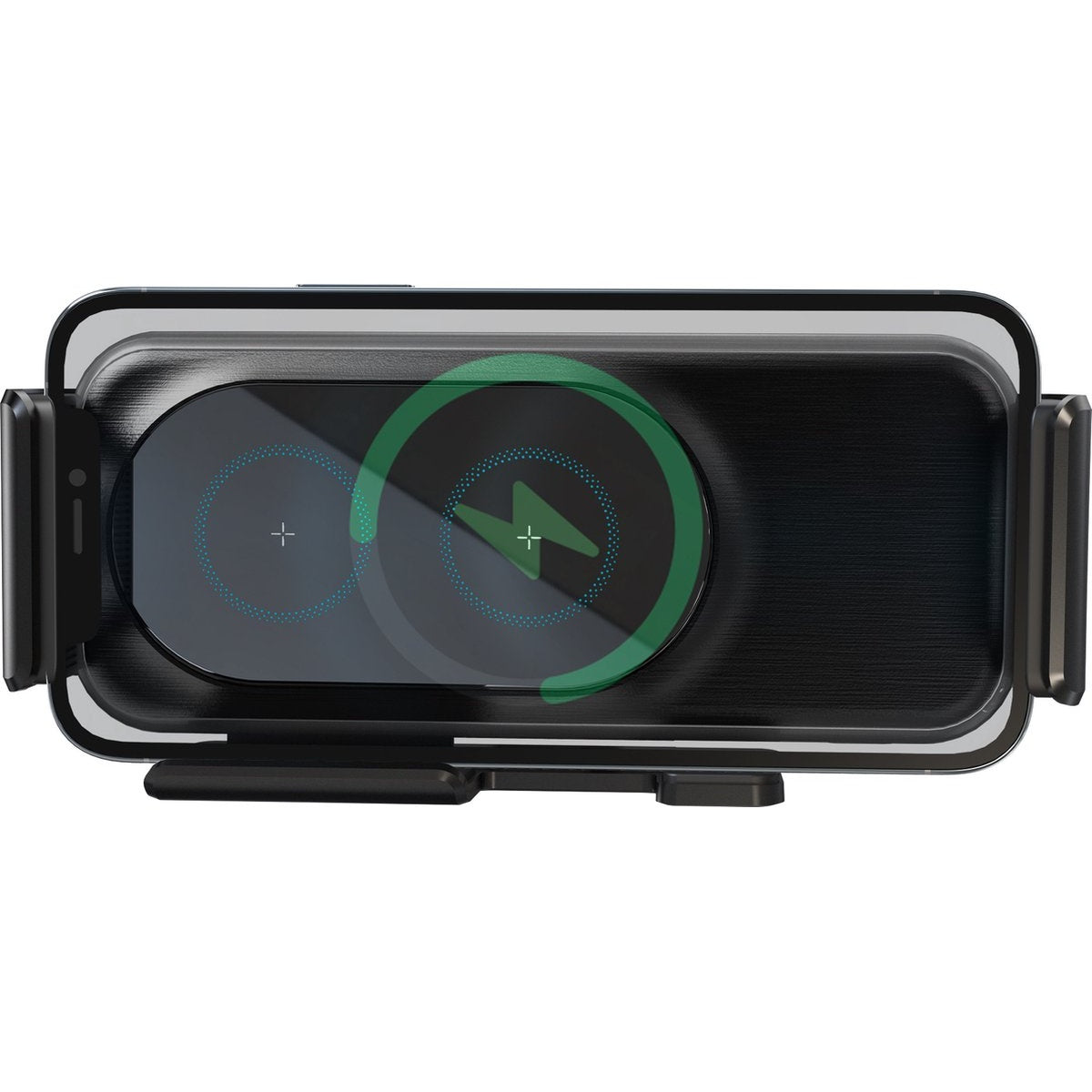 Zwarte draadloze telefoonlader met een groen oplaadsymbool. Het heeft een glazen scherm en verstelbare armen.