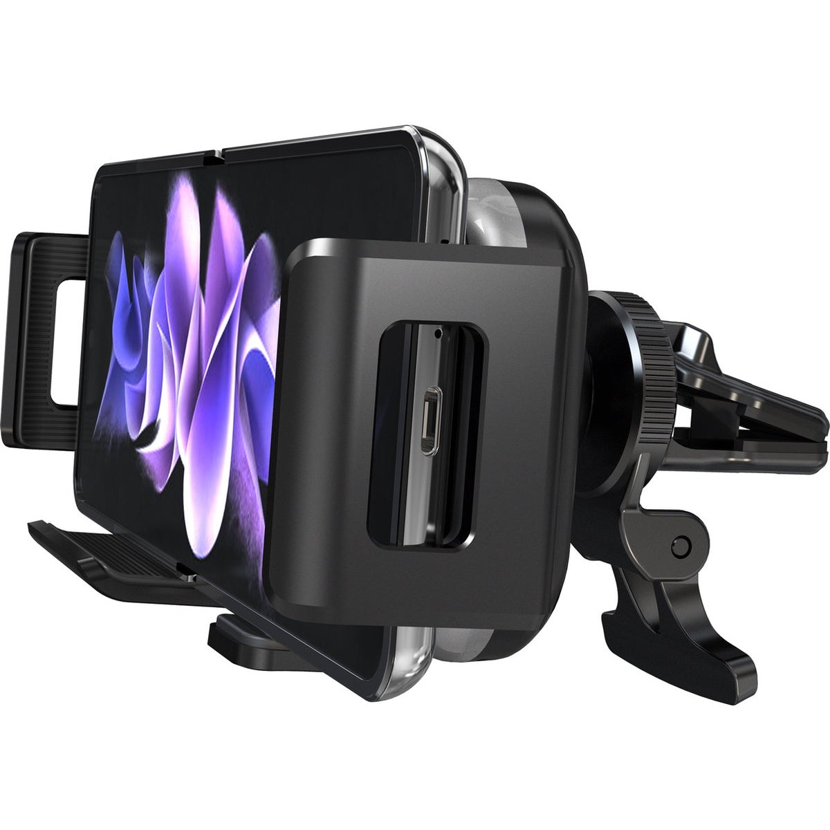 Een zwarte telefoonhouder voor in de auto met een telefoon met een paars en wit ontwerp. De houder is bevestigd aan een ventilatierooster in de auto.