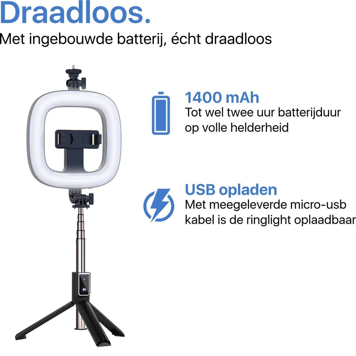 A ring light with a phone holder on a tripod. Text mentions features like 1400 mAh battery, USB charging, and wireless functionality.