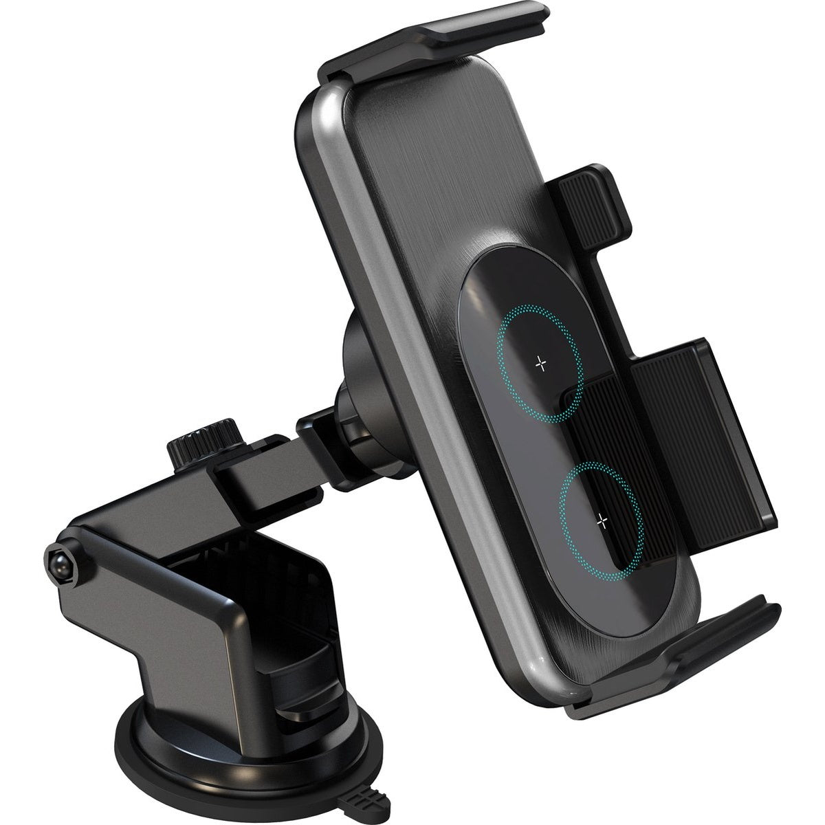 Een zwarte telefoonhouder voor in de auto met een zuignap. Het heeft een draadloze oplaadpad met twee cirkels en plustekens.