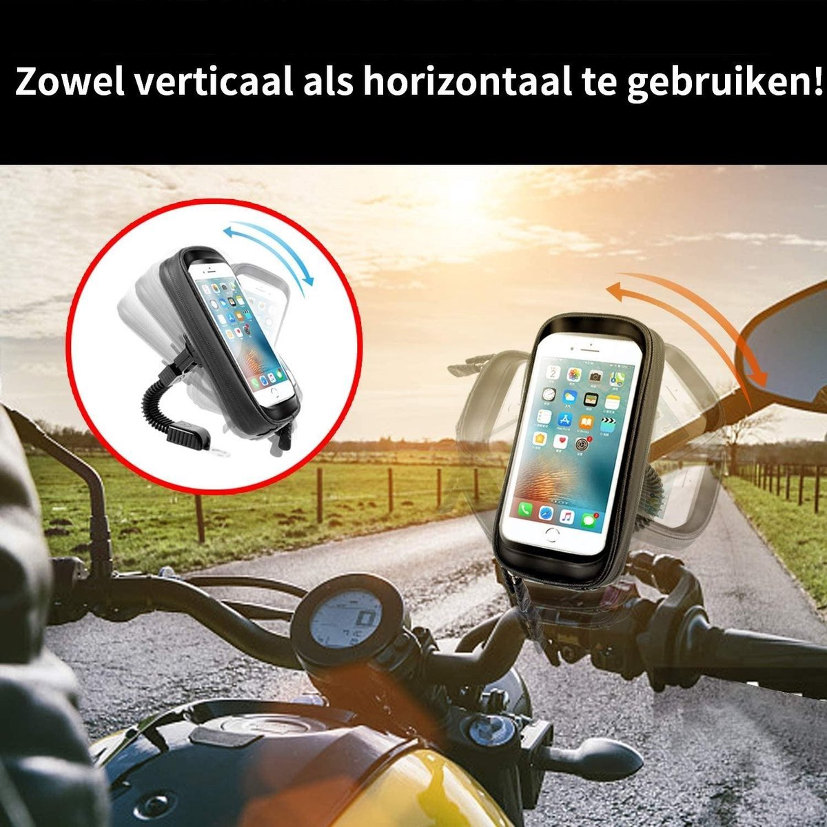 Een smartphone in een zwarte hoes is op het stuur van een motorfiets gemonteerd. De afbeelding toont verticaal en horizontaal gebruik.