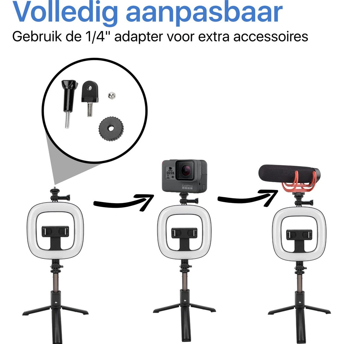 Diagram showing adapter use. A ring light on a tripod has accessories attached: camera, then a microphone.