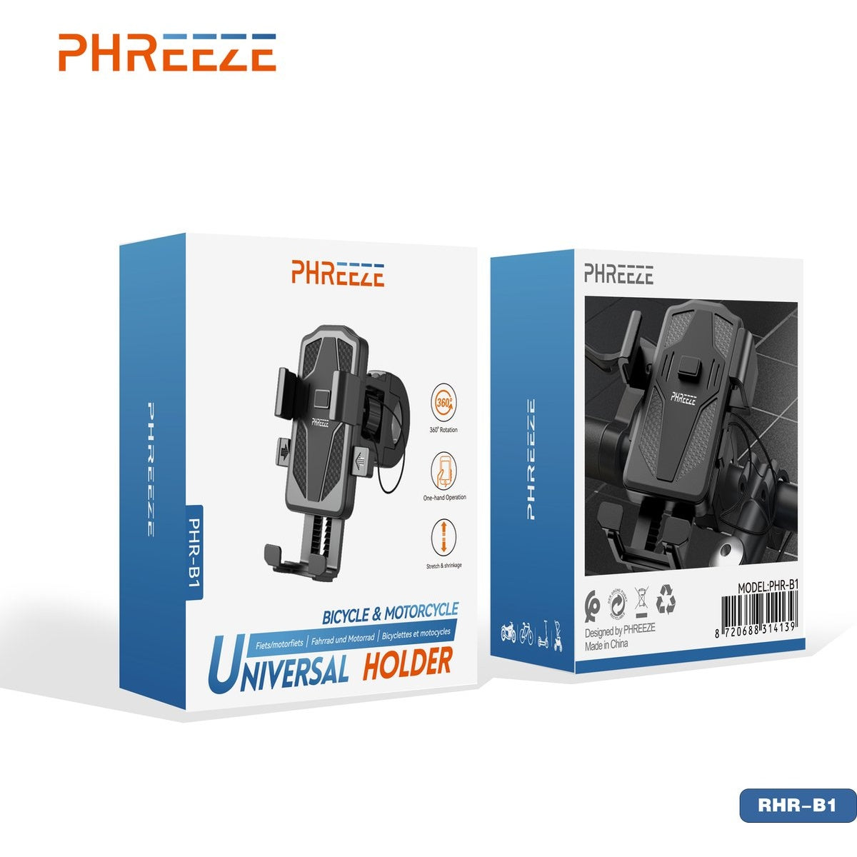 Productdoos voor een universele fiets- en motorhouder. Voorzien van het PHREEZE-logo en een telefoonhouder met een 360-graden draaiontwerp.